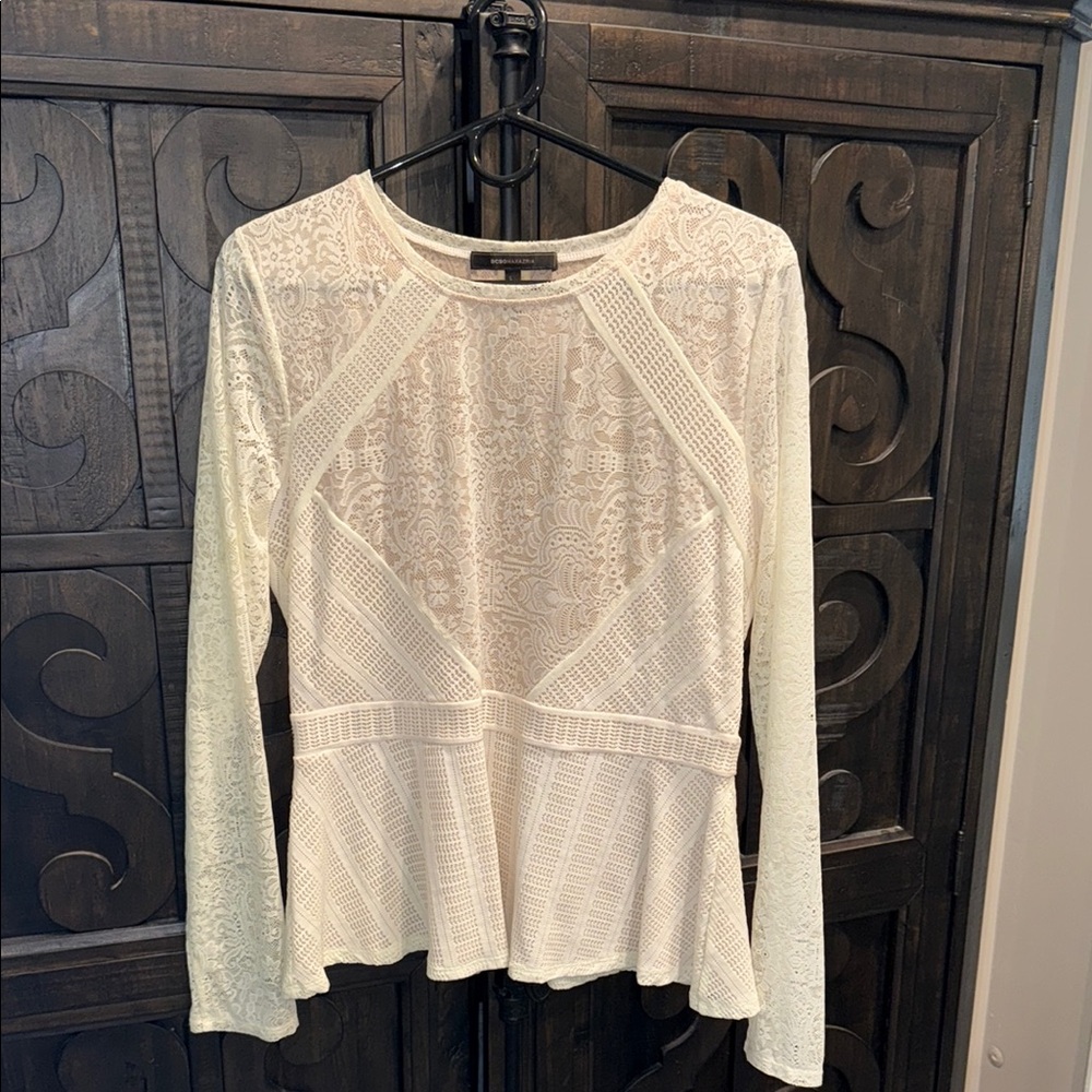 BCBGMaxAzria Cream Peplum Long Sleeve Blouse